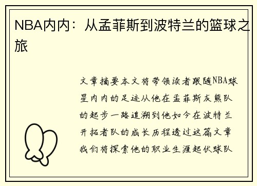 NBA内内：从孟菲斯到波特兰的篮球之旅
